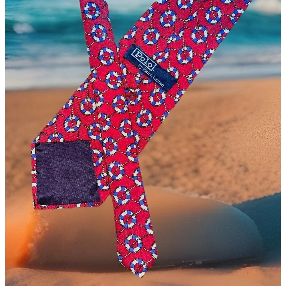 Polo Ralph Lauren‎ Necktie Men Red Nautical Ring Buoy Silk Vintage Old Money